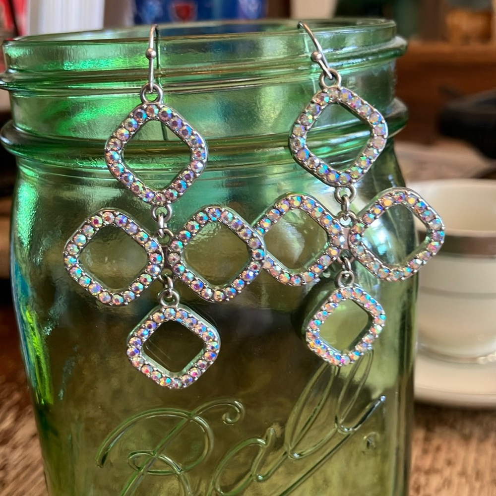 PLUNDER AB Coated Rhinestone Dangle Earrings Aurora Borealis Silver tone